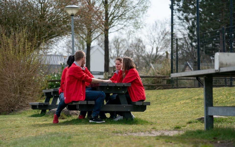Studenten overleggen met elkaar aan een picknicktafel